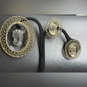 Whiting & Davis Reversed Carved Cameo Brooch & Earrings set Intaglio